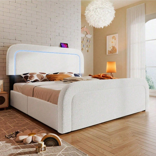 Bettgestell mit USB Typ C Ladefunktion LED-Beleuchtung und 4 Schubladen, Doppelbett Polsterbett 140x200cm, Höhenverstellbarem Kopfteil, Lattenrost aus Holz, Sherp-Weiß