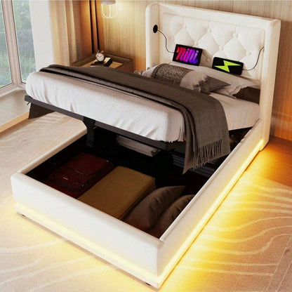 Polsterbett Einzelbett 90*200 cm,Schwarz PU-Material Hydraulisches Stauraumbett, gepolstertes Kopfteil mit USB Typ-C Ladefunktion, 3-seitige LED-Funktion