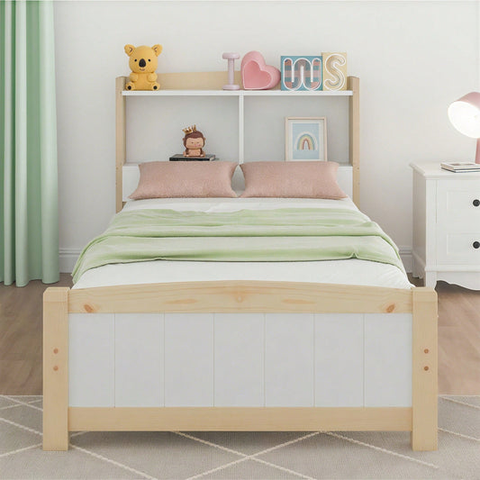 Massivholz Einzelbett Stauraum-Kopfteil Bett,90 x 200 cm Bettgestell mit Lattenrost Holzbett mit Kopfteil,Kinderbett Jugendbett Kiefer massiv Natürlich und Weiß (Mit Matratze)