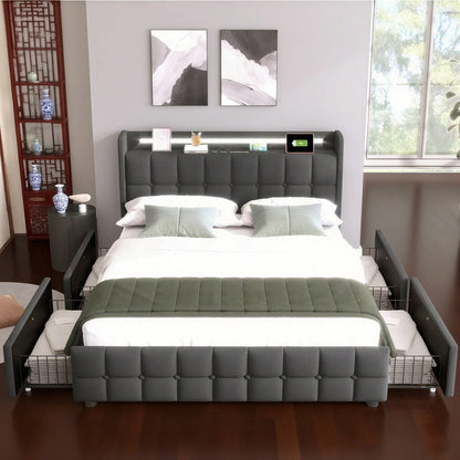 Polsterbett mit aufladen USB Ladefunktion Kopfteil und LED-Beleuchtung und 4 Schubladen,Doppelbett 160x200cm Stauraumbetten Bettgestell, Lattenrost aus Holz, Beige