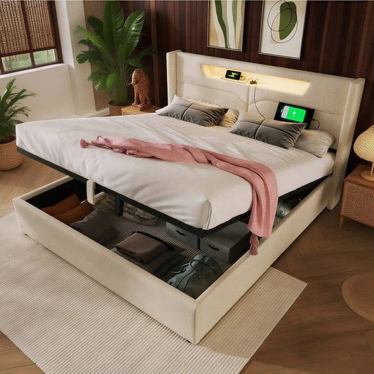 Polsterbett LED Doppelbett mit USB Typ C Ladefunktion und LED-Beleuchtung,Stauraumbetten Bettgestell aus Leinenmaterial Jugendbett 140x200 mit lattenrost(
