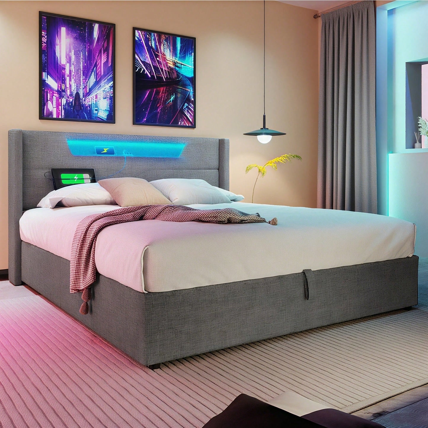 Polsterbett LED Doppelbett mit USB Typ C Ladefunktion und LED-Beleuchtung,Stauraumbetten Bettgestell aus Leinenmaterial Jugendbett 140x200 mit lattenrost(