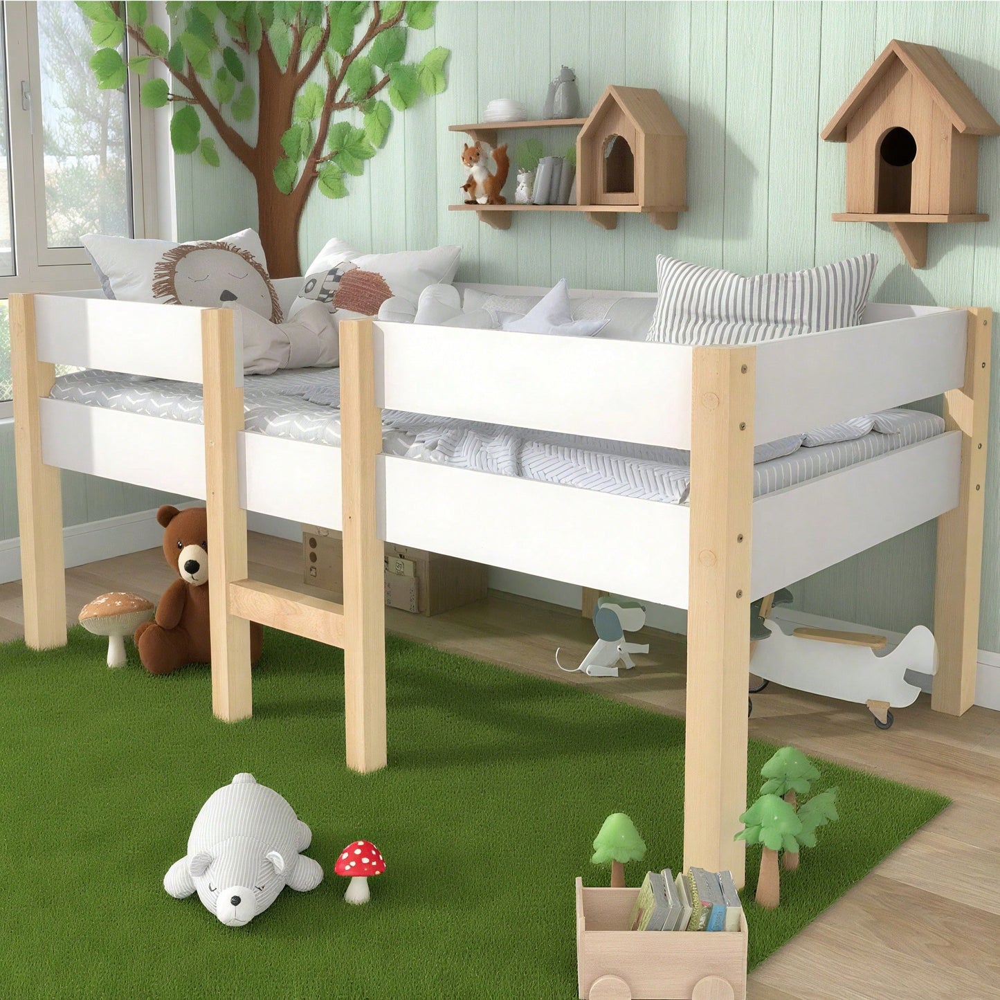 Bett Kinderbett mit Rausfallschutz, Kiefer-Vollholz-90x190 cm-Weiß & Eiche