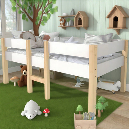 Bett Kinderbett mit Rausfallschutz, Kiefer-Vollholz-90x190 cm-Weiß & Eiche