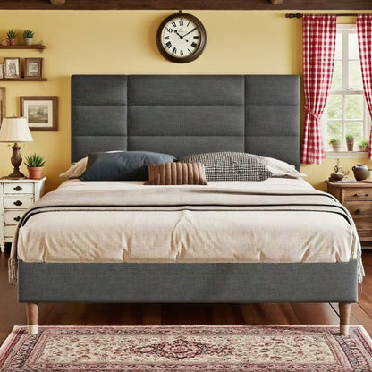 Polsterbett, Doppelbett mit Lattenrost, 140x200cm gepolsteres Bettgestell mit Kopfteil, in Schwarz Leinen, für Erwachsene&Jugendliche,