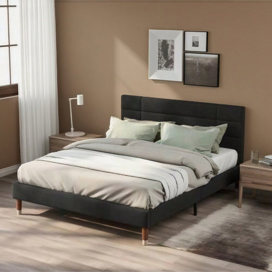 Polsterbett, Doppelbett mit Lattenrost, 140x200cm gepolsteres Bettgestell mit Kopfteil, in Schwarz Leinen, für Erwachsene&Jugendliche,