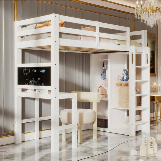 Kinderbett Hochbett mit Schreibtisch Offener Kleiderschrank und Regalen Kinderbett mit Lattenrost und Rausfallschutz Einzelbett Liegefläche 90x200 cm -109x206x184cm(BxLxH)-Weiß