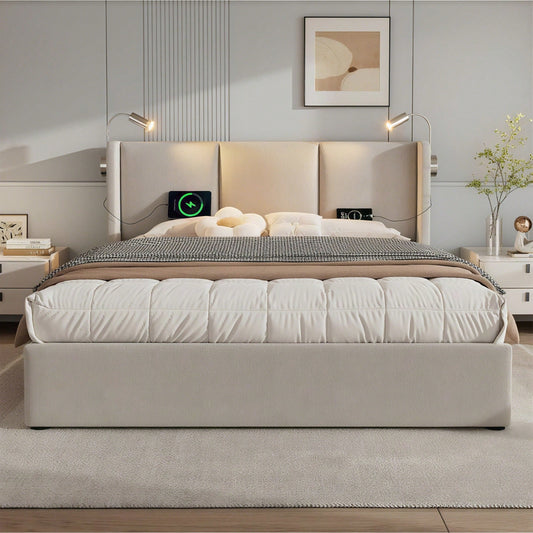 Polsterbett Doppelbett Stauraum Bettkasten Leselicht mit USB Ladefunktion Kopfteil,Stauraumbetten Bettgestell aus Leinenmaterial Jugendbett 140x200 mit lattenrost
