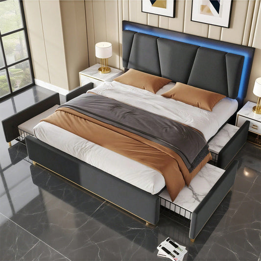 Polsterbett mit LED-Beleuchtung und 4 Schubladen,Höhenverstellbarem Kopfteil,Doppelbett 160x200cm Stauraumbetten Bettgestell, Lattenrost aus Holz, Grau