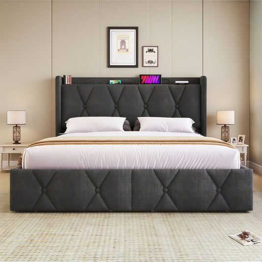 Polsterbett Doppelbett mit aufladen USB Ladefunktion Stauraum-Kopfteil und LED-Beleuchtung,Doppelbett 160x200cm Stauraumbetten Bettgestell, Lattenrost aus Holz, Grau