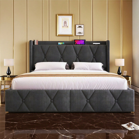 Polsterbett mit aufladen USB Ladefunktion Kopfteil und 4 Schubladen,Doppelbett 160x200cm Stauraumbetten Bettgestell, Lattenrost aus Holz, Grau (Mit Matratze)