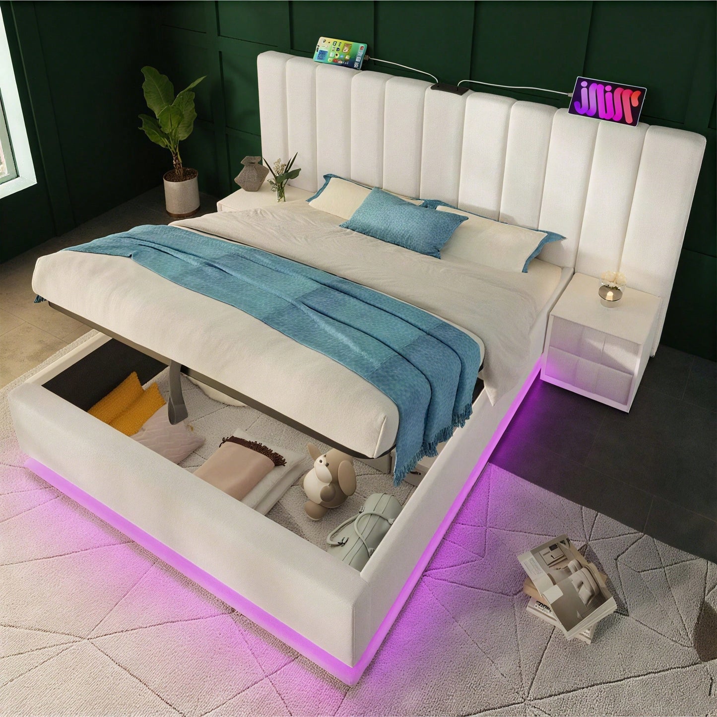 Polsterbett 160*200, Doppelbett Stauraumbett mit App Control LED und USB-C Ladefunktion, Bettgestell mit Lattenrost, PU, Weiß, Ohne Matratze und Nachttisch