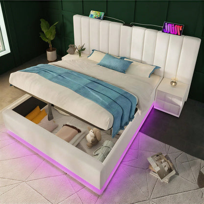 Polsterbett 160*200, Doppelbett Stauraumbett mit App Control LED und USB-C Ladefunktion, Bettgestell mit Lattenrost, PU, Weiß, Ohne Matratze und Nachttisch