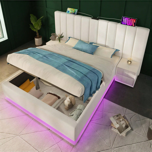 Polsterbett 160*200, Doppelbett Stauraumbett mit App Control LED und USB-C Ladefunktion, Bettgestell mit Lattenrost, PU, Weiß, Ohne Matratze und Nachttisch