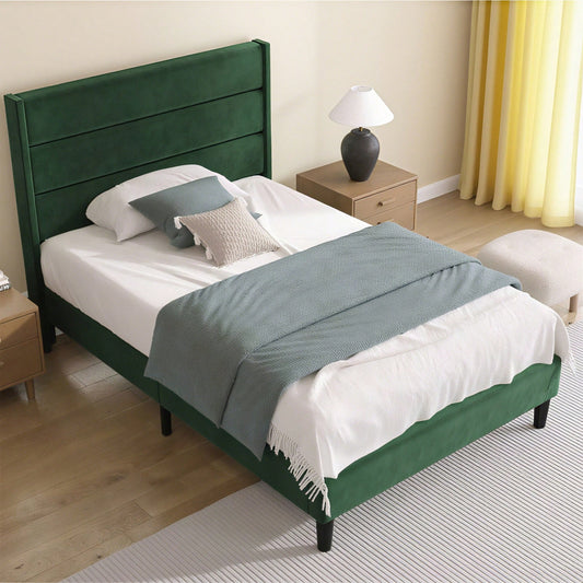 Polsterbett 90 x 200 cm, Bettgestell mit Lattenrost & Kopfteil, gepolstertes Doppelbett, Textilbezug Samt in Dunkelgrün, Zeitloses modernes Design, Jugendbett
