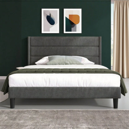 Polsterbett 140 x 200 cm, Bettgestell mit Lattenrost & Kopfteil, gepolstertes Doppelbett, Textilbezug Leinen in Dunkelgrau, Zeitloses modernes Design, Jugendbett