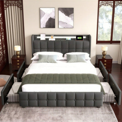 Polsterbett mit aufladen USB Ladefunktion Kopfteil und LED-Beleuchtung und 4 Schubladen,Doppelbett 140x200cm Stauraumbetten Bettgestell, Lattenrost aus Holz, Beige