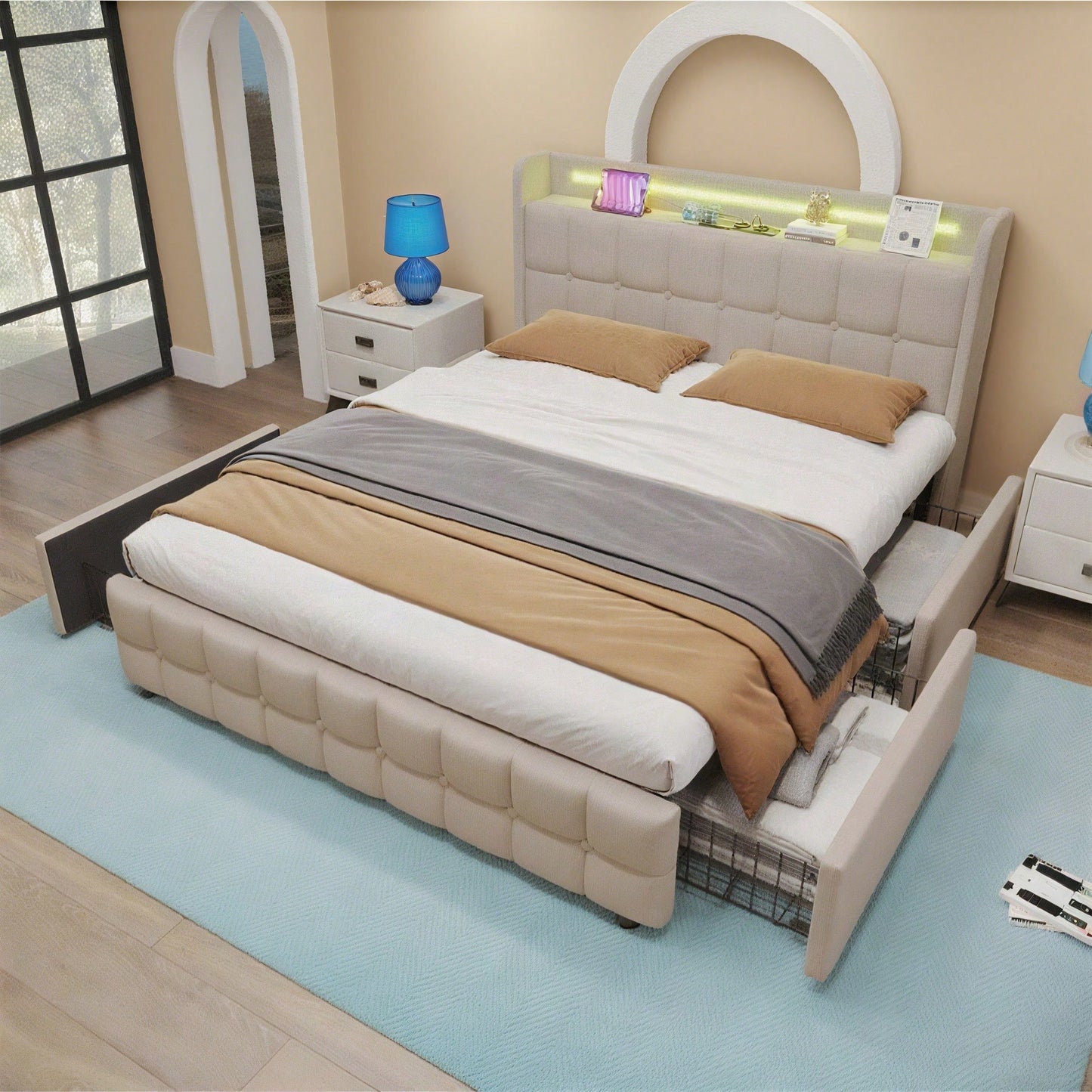 Polsterbett mit aufladen USB Ladefunktion Kopfteil und LED-Beleuchtung und 4 Schubladen,Doppelbett 140x200cm Stauraumbetten Bettgestell, Lattenrost aus Holz, Beige