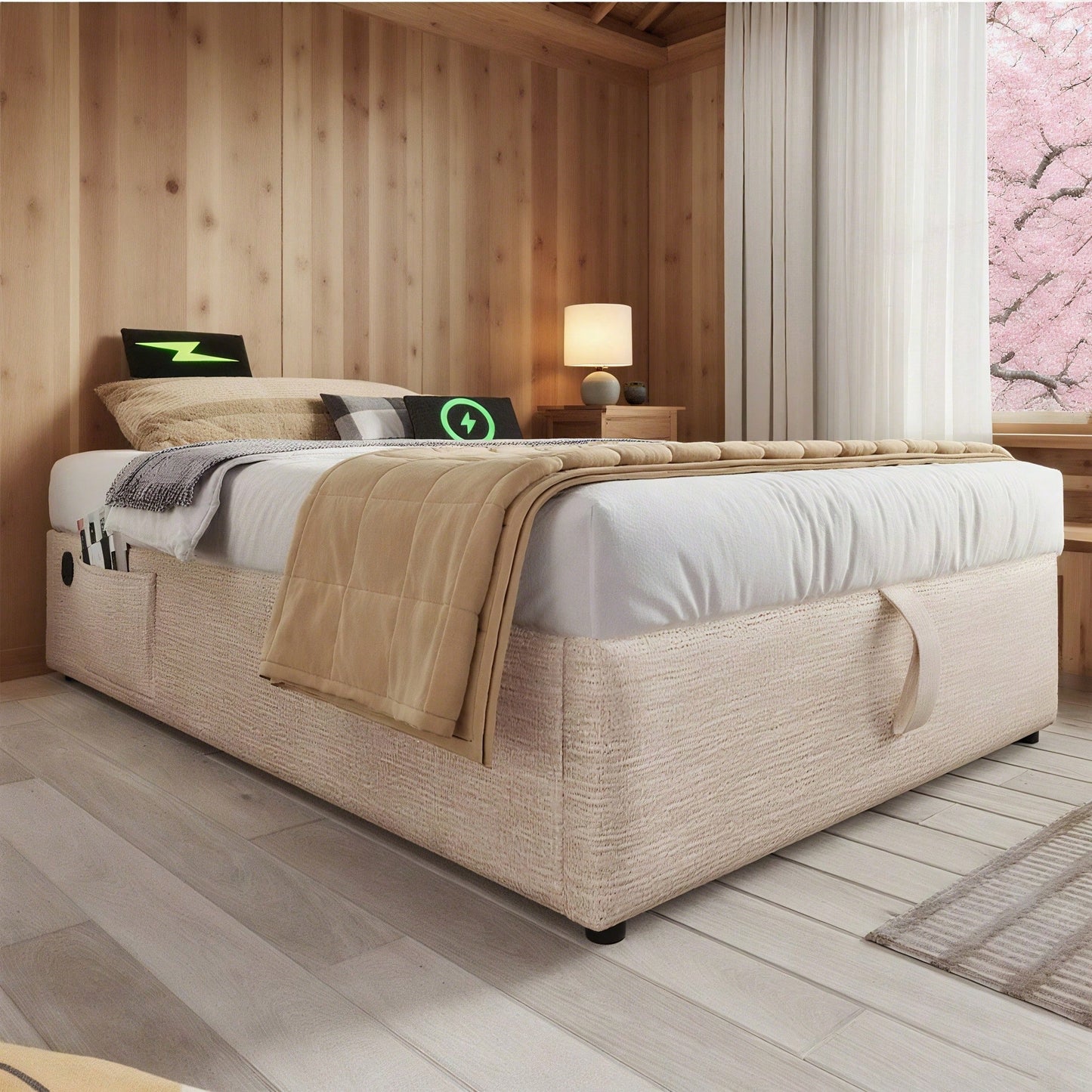 Polsterbett Einzelbett 90*200 cm, Struraumbett Bettgestell mit USB- C und Vollflächiger Lattenrost, Ohne Kopfteil, Baumwolle, Grau