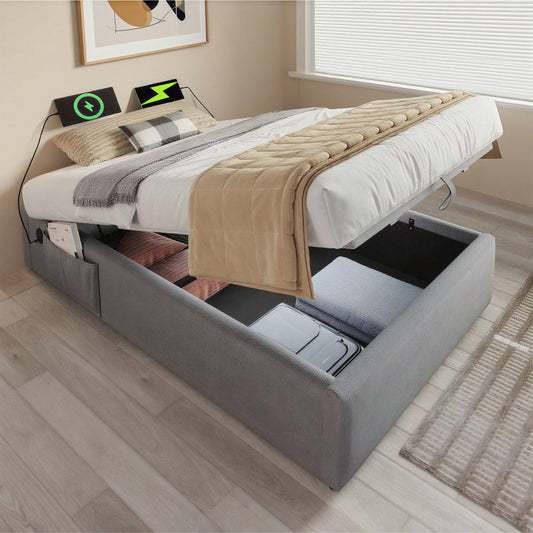 Polsterbett Einzelbett 90*200 cm, Struraumbett Bettgestell mit USB- C und Vollflächiger Lattenrost, Ohne Kopfteil, Baumwolle, Grau