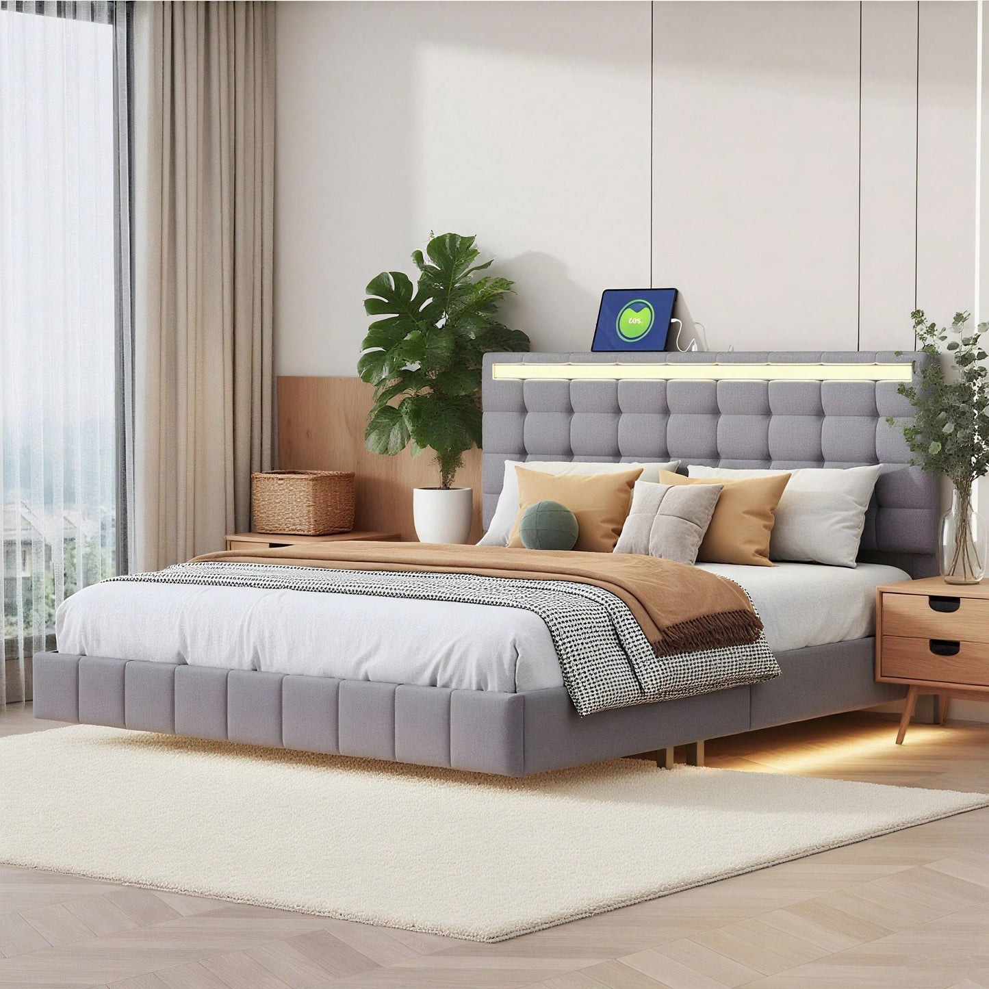 Polsterbett 140 x 200 cm, gepolsterter Schwebebettrahmen mit LED-Leuchten und Kopfteildesign,(Matratze nicht enthaltet)  flächiges Doppelbett-Gästebett in hautfreundlichem Leinen Beige