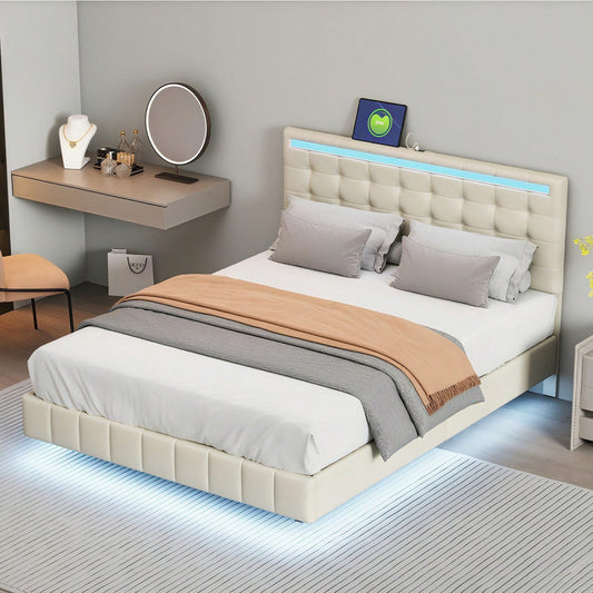 Polsterbett 140 x 200 cm, gepolsterter Schwebebettrahmen mit LED-Leuchten und Kopfteildesign,(Matratze nicht enthaltet)  flächiges Doppelbett-Gästebett in hautfreundlichem Leinen Beige