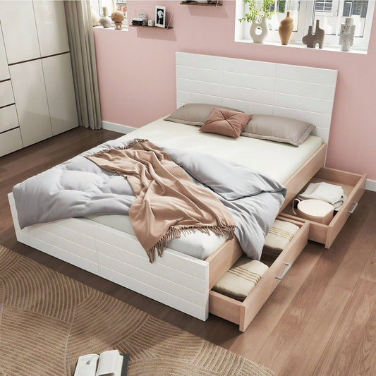Doppelbett Holzbett Bettanlage 140*200cm mit 2 Schubladen,Modernes Bett inkl. Bettgestell &Lattenrost-207*80*145cm (L*H*B) Set in Eiche/Weiß