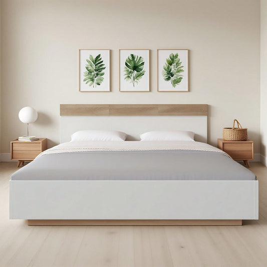 Doppelbett Holzbett Schwebebett mit Kopfteil aus Bettgestell &Lattenrost-205x164x90.5 cm(T/B/H) Set in Eiche Sonoma/Weiß