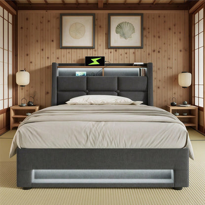 Polsterbett mit USB 90x200cm,LED Einzelbett mit Lattenrost aus Metallrahmen,Bettgestell aus Leinenmaterial Jugendbett