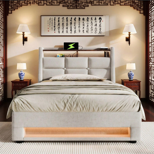 Polsterbett mit USB 90x200cm,LED Einzelbett mit Lattenrost aus Metallrahmen,Bettgestell aus Leinenmaterial Jugendbett