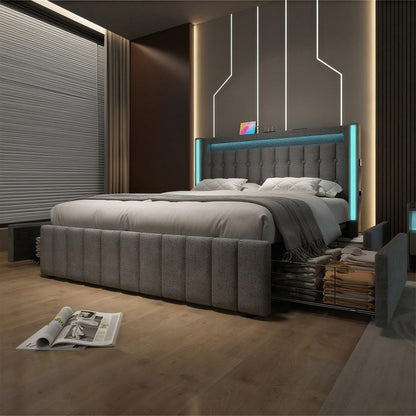 Polsterbett USB Typ C Ladefunktion LED-Beleuchtung und 4 Schubladen,  Mit Matratze,Jugendbetten 160x200cm Doppelbett Stauraumbetten Bettgestell, Lattenrost aus Holz, Grau
