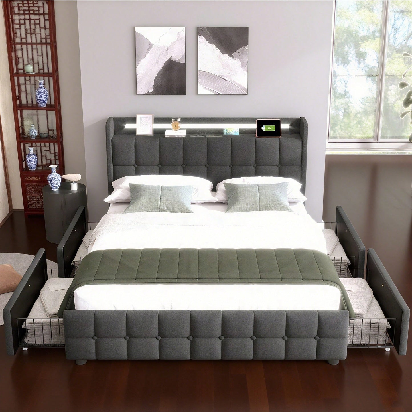 Polsterbett mit aufladen USB Ladefunktion Kopfteil und LED-Beleuchtung und 4 Schubladen,Doppelbett 160x200cm Stauraumbetten Bettgestell, Lattenrost aus Holz, Grau
