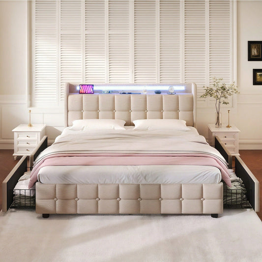 Polsterbett mit aufladen USB Ladefunktion Kopfteil und LED-Beleuchtung und 4 Schubladen,Doppelbett 160x200cm Stauraumbetten Bettgestell, Lattenrost aus Holz, Grau