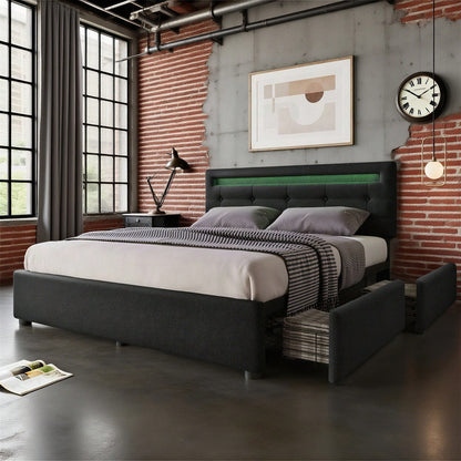 Bettgestell mit LED-Beleuchtung und 4 Schubladen, Doppelbett Polsterbett 140x200cm, Höhenverstellbarem Kopfteil, Lattenrost aus Holz,Schwarz(Matratze nicht enthaltet)