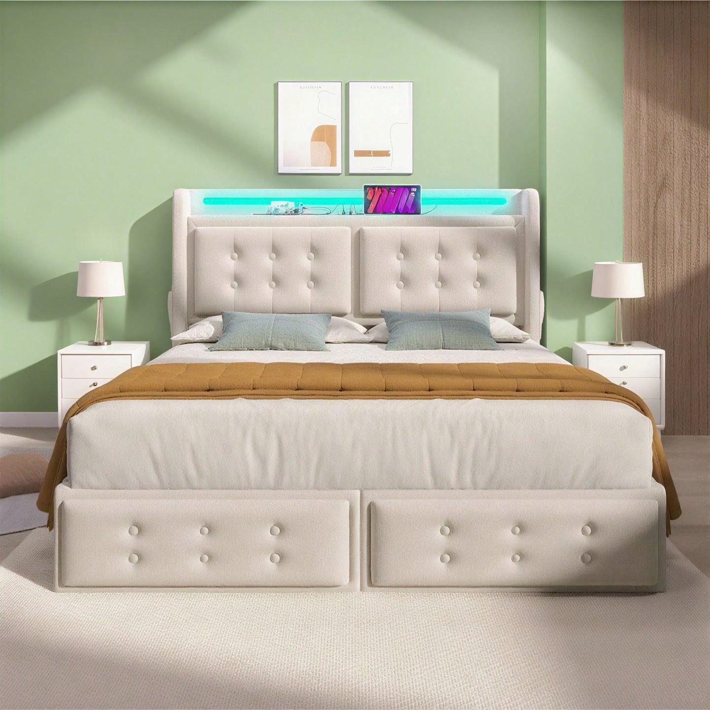 Polsterbett 140x200, Doppelbett mit Led-Kopfteil und USB C Ladefunktion und 4 Schubladen, Stauraumbetten mit Lattenrost aus Holz und Metallrahmen, Belastbarkeit 300 kg,Beige,Baumwolle