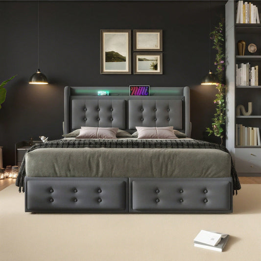 Polsterbett 140x200, Doppelbett mit Led-Kopfteil und USB C Ladefunktion und 4 Schubladen, Stauraumbetten mit Lattenrost aus Holz und Metallrahmen, Belastbarkeit 300 kg,Beige,Baumwolle