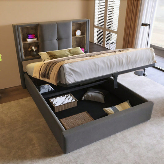 Einzelbett mit Kabellosem Laden USB C, Polsterbett Bettgestell 90x200cm,Bettgestell mit Stauraum Lattenrost aus Holz-Grau Baumwolle