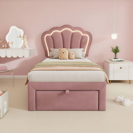 Kinderbett LED Einzelbett 90 x 190 cm mit Schubladen Polsterbett APP-Control LED Bettgestell Lattenrost und Verstellbares Kopfteil, Bettrahmen Jugendbett Samt Rosa
