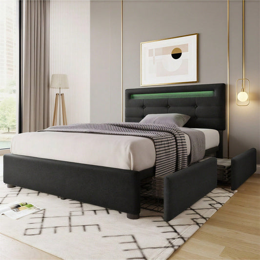 Bettgestell mit LED-Beleuchtung und 2 Schubladen, Einzelbett Polsterbett 90x200cm, Höhenverstellbarem Kopfteil, Lattenrost aus Holz, Grau