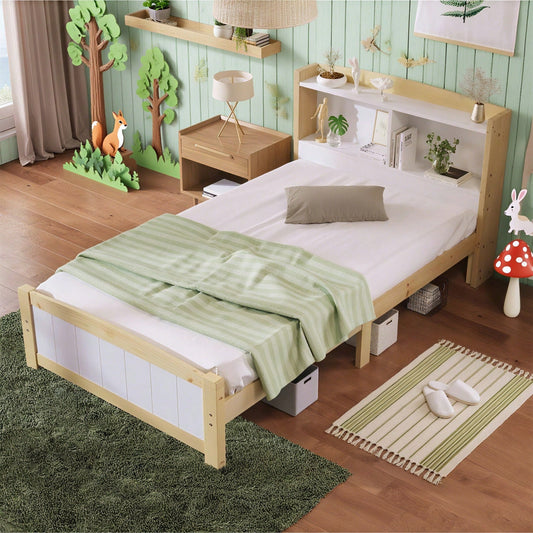 Massivholz Einzelbett Stauraum-Kopfteil Bett,90 x 200 cm Bettgestell mit Lattenrost Holzbett mit Kopfteil,Kinderbett Jugendbett Kiefer massiv Natürlich und Weiß