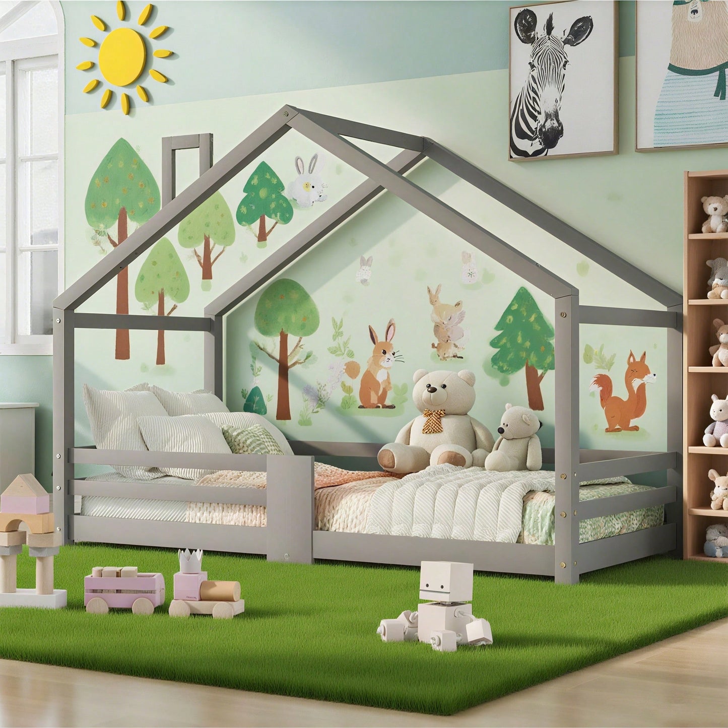 Kinderbett Hausbett mit Schornstein Rausfallschutz Robuste Lattenroste Kiefernholz Haus Bett for Kids, 90 x 200 cm ohne Matratze, Grau