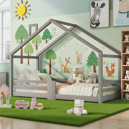 Kinderbett Hausbett mit Schornstein Rausfallschutz Robuste Lattenroste Kiefernholz Haus Bett for Kids, 90 x 200 cm ohne Matratze, Grau
