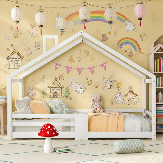 Kinderbett Hausbett mit Schornstein Rausfallschutz Robuste Lattenroste Kiefernholz Haus Bett for Kids, 90 x 200 cm ohne Matratze, Grau