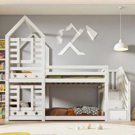 Kinderbett, Etagenbett Baumhaus mit Schubladen und Rausfallschutz 90 x 200 cm, Hochbett für Kinder– 2x Lattenrost- Weiß