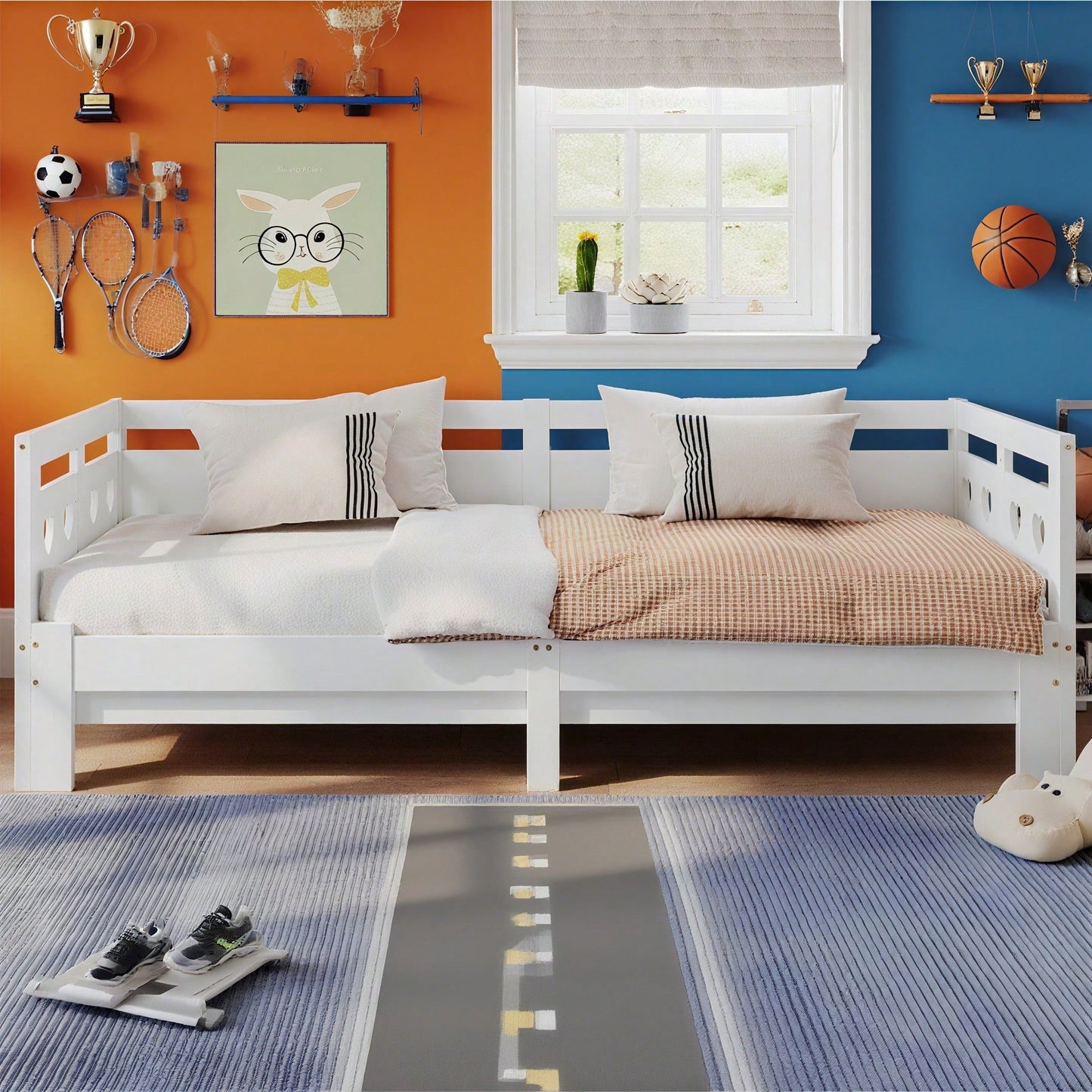 Daybett Tagesbett ,Ausziehbar Bett,90*200cm,Kiefer massiv, mit 2. Schlafgelegenheit und Rollrost Herzform Bett Weiß