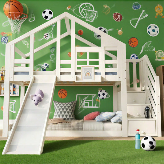 Kinderbett Baumhaus 90 x 200 cm, Etagenbett für Kinder in Fensterbauweise mit Rutsche und Rausfallschutz, Weiß, inkl.Tafel– 2x Lattenrost