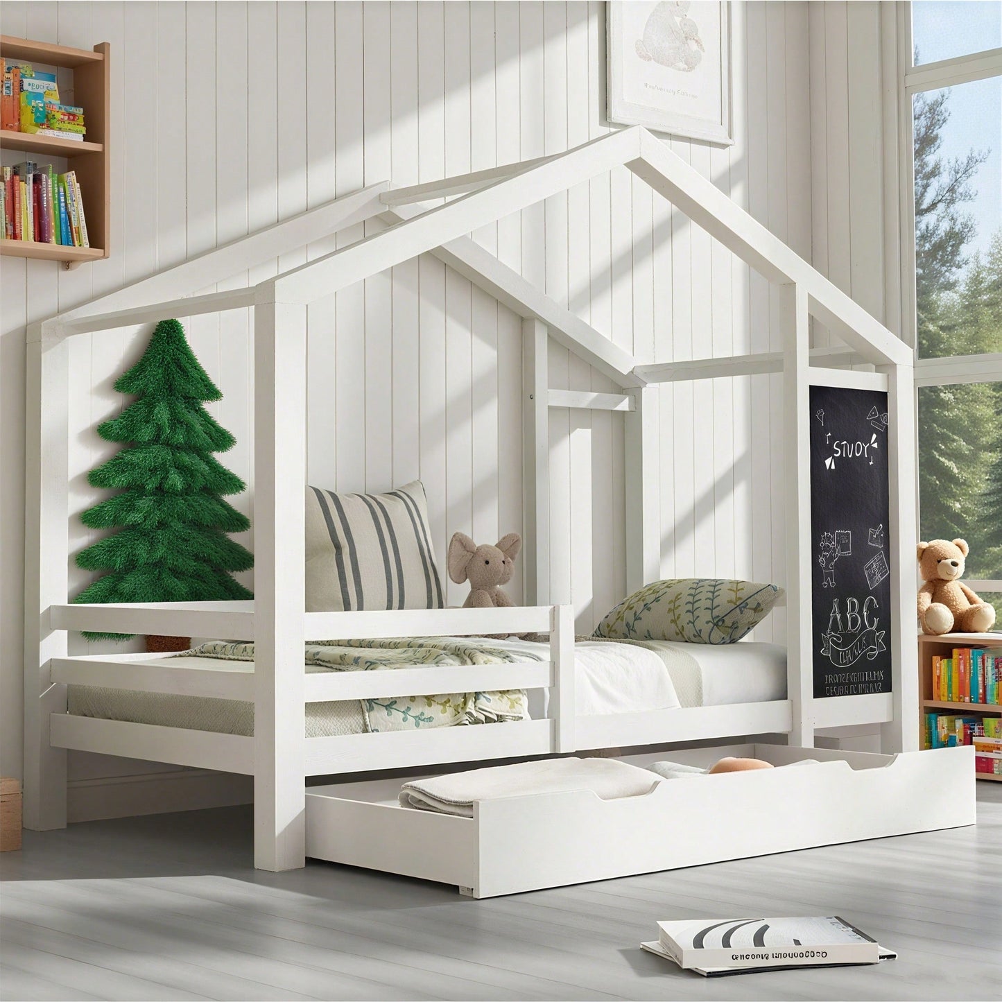 Kinderbett Hausbett 90 x 200 cm, Holzbett mit Tafel und 2 Schubladen, Massivholz mit Zaun und Lattenrost, Weiß