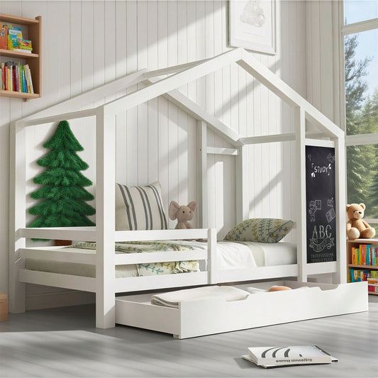 Kinderbett Hausbett 90 x 200 cm, Holzbett mit Tafel und 2 Schubladen, Massivholz mit Zaun und Lattenrost, Weiß
