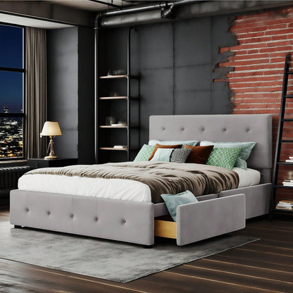 Polsterbett 140 x 200 cm, Doppelbett mit Schubladen, Lattenrost und Rückenlehne, Hautfreundliches Doppelbett aus Samtstoff für Erwachsene und Jugendliche, Beige