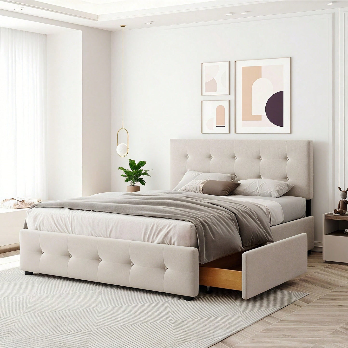 Polsterbett 140 x 200 cm, Doppelbett mit Schubladen, Lattenrost und Rückenlehne, Hautfreundliches Doppelbett aus Samtstoff für Erwachsene und Jugendliche, Beige